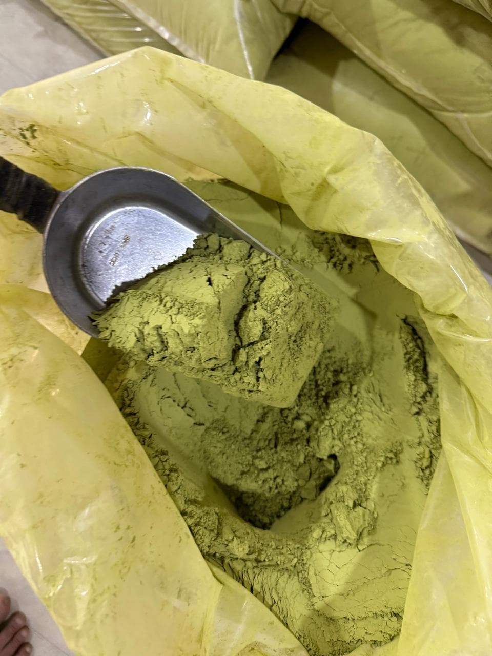 Fine green kratom powder milled to 30 mesh in bulk packaging with stainless scoop